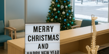 A decorated Christmas tree stands beside a lightbox sign reading "Merry Christmas and Happy New Year" in a welcoming clinic lobby.