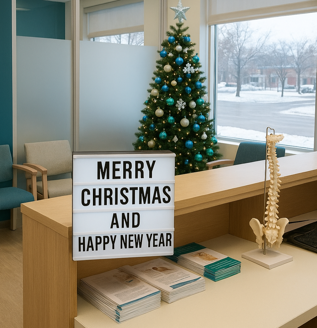 A decorated Christmas tree stands beside a lightbox sign reading "Merry Christmas and Happy New Year" in a welcoming clinic lobby.