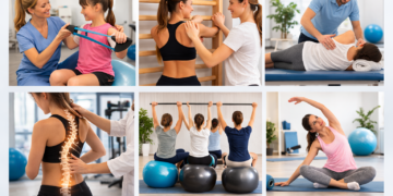 A collage of physical therapy sessions, showing manual therapy, Schroth method, and postural training. Therapists guide exercises, conveying care and support.