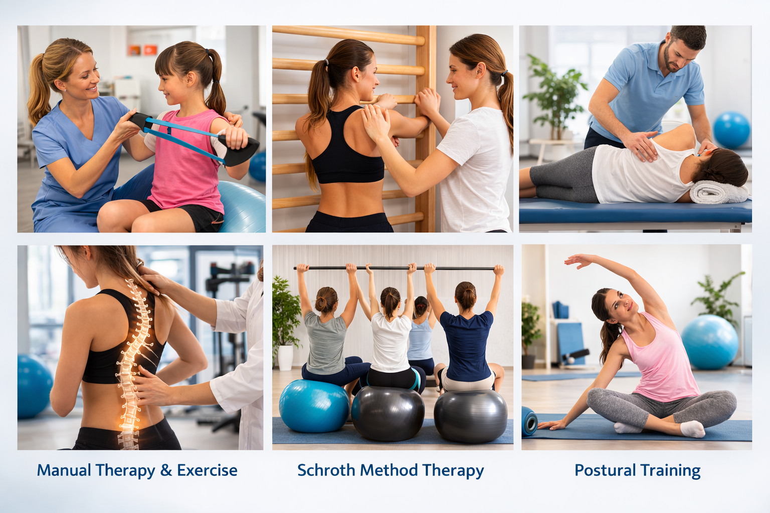 A collage of physical therapy sessions, showing manual therapy, Schroth method, and postural training. Therapists guide exercises, conveying care and support.