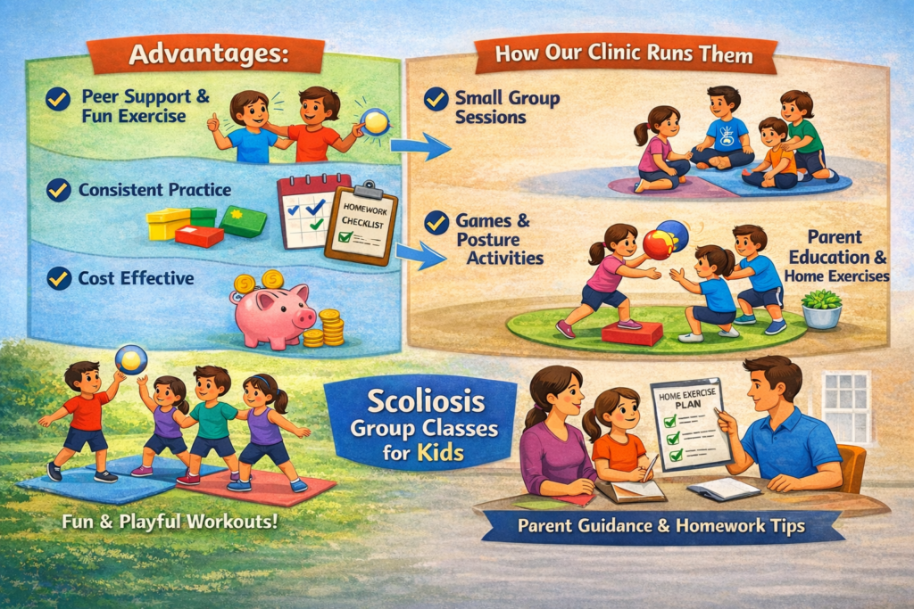 Infographic about scoliosis group classes for kids. Left side lists advantages like peer support and cost-effectiveness. Right side shows clinic activities like small group sessions and posture games. Center highlights playful workouts and parent guidance. Bright, engaging visuals convey a supportive and educational tone.