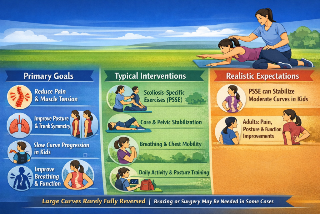 Illustration of scoliosis management. Left: Primary Goals, including pain reduction and posture improvement. Center: Exercises and breathing techniques. Right: Realistic expectations. Blue and green tones convey a supportive, hopeful mood.