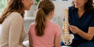 A physiotherapist explains scoliosis to a girl in a pink shirt while her mother, in a beige sweater, listens attentively. The setting is calm and educational.
