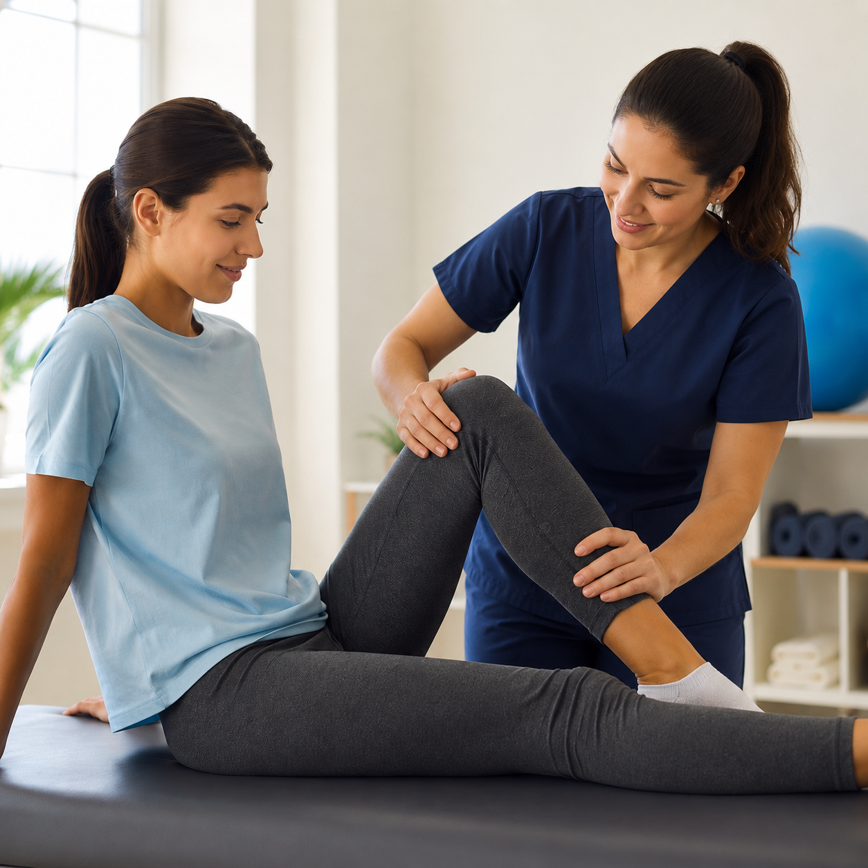 A physical therapist assisting a woman with a leg exercise in a clinical setting.