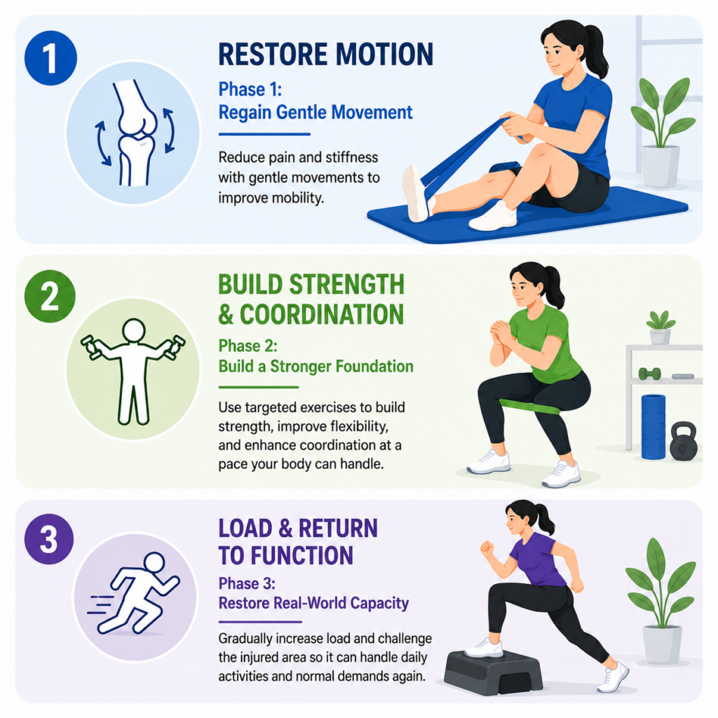 An infographic showing three rehab phases: restoring motion, building strength with exercises, and returning to activity.