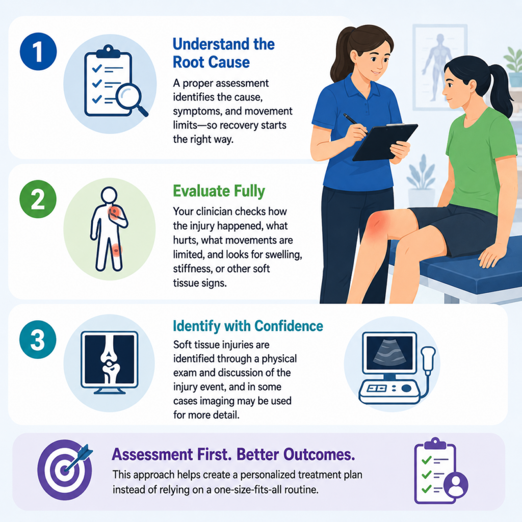 Infographic showing the benefits of a physical assessment, including injury evaluation and detection