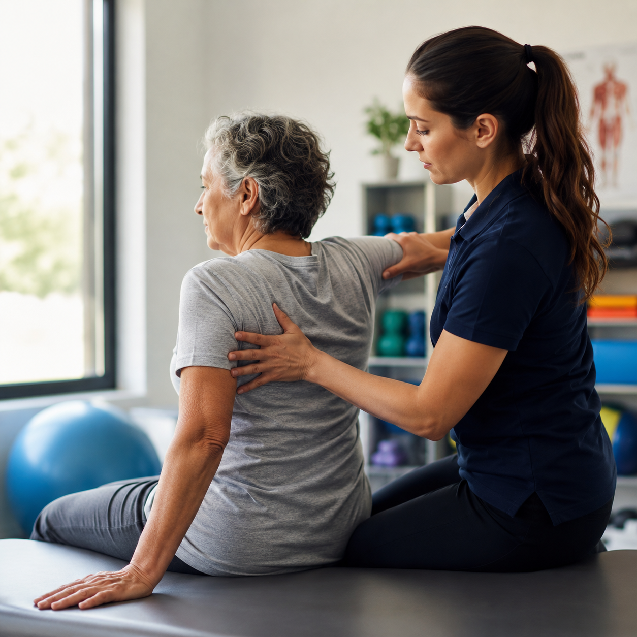 A physical therapist assists an older woman with a seated stretching exercise on a table in a rehabilitation clinic, utilizing Neurodevelopmental Treatment (NDT) techniques to enhance mobility and functional movement.
