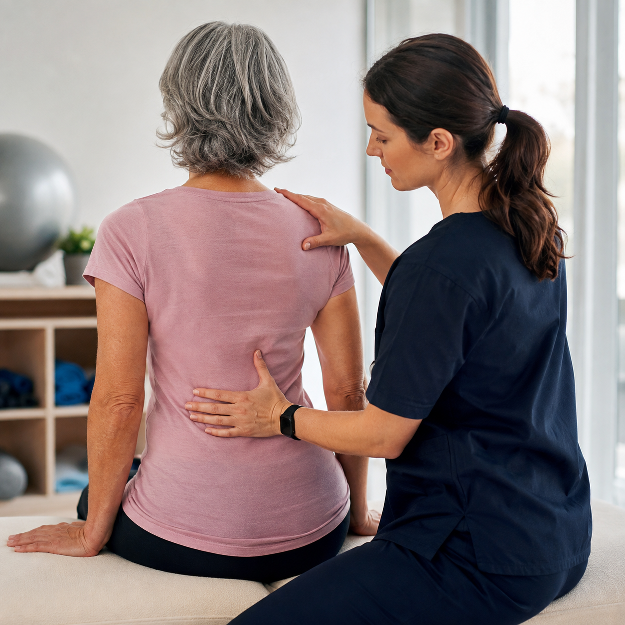 A woman is being treated with a back massage by a physical therapist, highlighting adult scoliosis physiotherapy methods