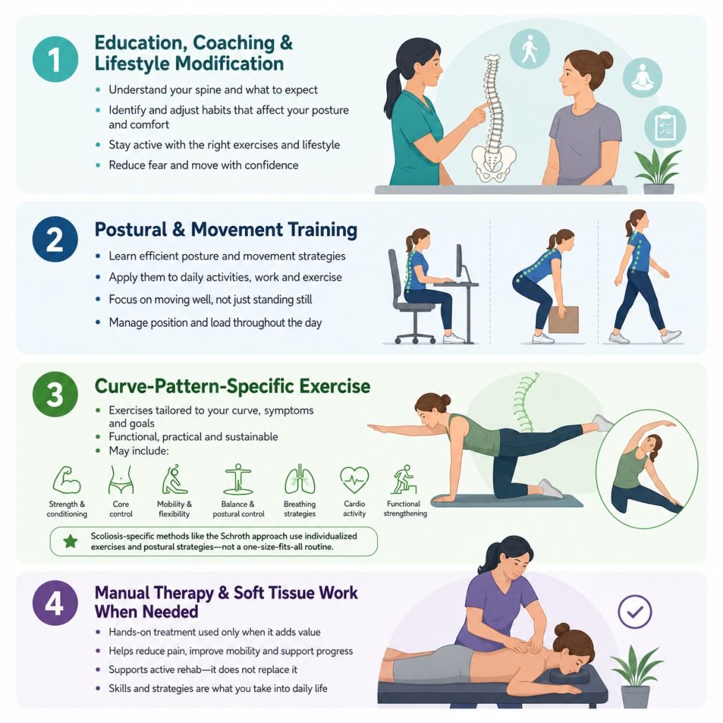 Visual guide on healthy living steps, featuring adult scoliosis physiotherapy as a key component for better health
